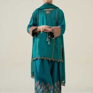 3 Piece Embroidered Raw Silk Suit | MKS-EA25-04